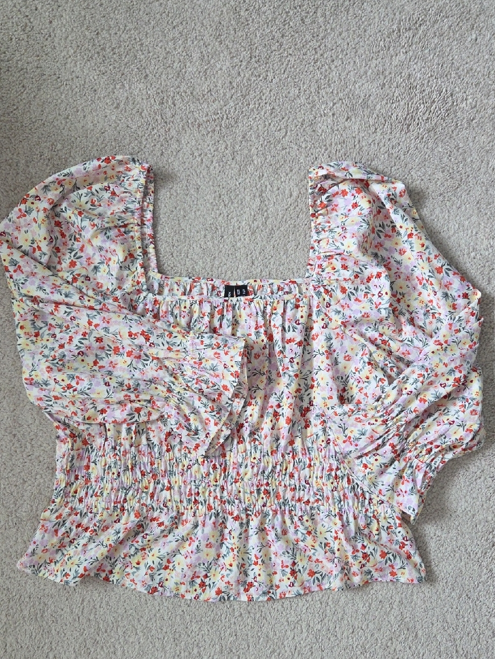 Vero Moda White Floral Smocked Square-Neck Puff Sleeve Top